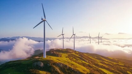 Obraz premium Picturesque Wind Turbines on Grassy Hilltop with Dramatic Cloudy Sky
