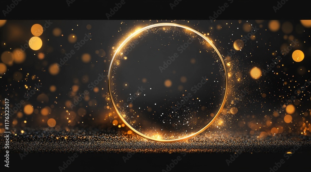Poster glowing golden circle on dark background with bokeh.