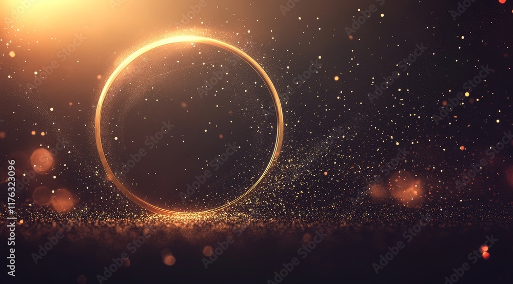 Poster glowing golden circle on dark background with sparkles.