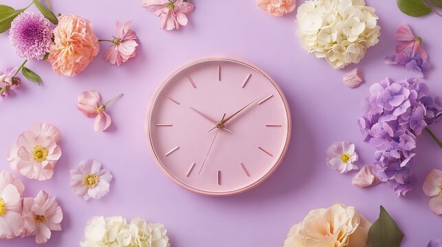 80.A soft pink clock surrounded by blooming flowers, delicately arranged on a pastel purple background, symbolizing the cherished time spent with mothers, with ample space for heartfelt text.