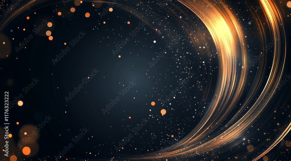 Poster abstract gold swirl with bokeh on dark background.