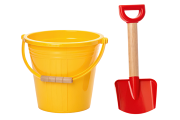 Yellow plastic bucket and red shovel isolated with transparent background