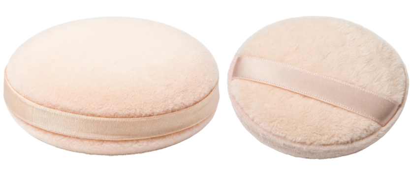 Round beige powder puff with ribbon isolated with transparent background