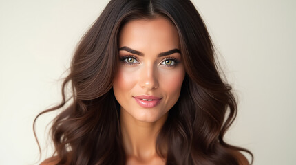 Naklejka premium Woman showcases glossy dark hair and healthy skin, promoting a premium hair dye product in a light-focused environment