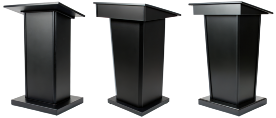 Black wooden lectern shown isolated with transparent background