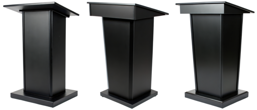 Black wooden lectern shown isolated with transparent background