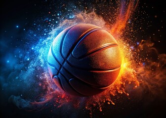Silhouette of Red-Black Basketball with Particle Effects, Orange-Blue Lighting