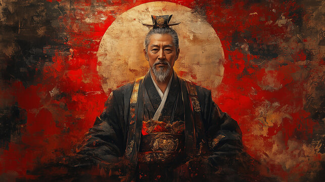 Artistic, representation of Emperor Jimmu in a traditional Japanese art style, standing under the rising sun, the rays symbolizing divine guidance, his robes and crown detailed with intricate motifs