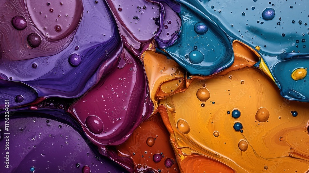 Poster vibrant multicolored liquid shapes and bubbles with iridescent gradient textures and reflections