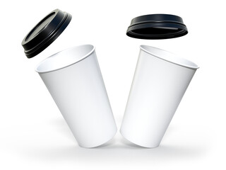 3D coffee cup mockups disposable with plastic lid. Blank white plastic mugs for takeaway hot or cold beverage, milkshake, tea or coffee cups, isolated on background. Mockup packaging for branding