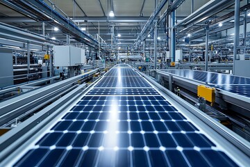 Fototapeta premium Automated assembly line manufacturing solar panels in a contemporary factory, highlighting renewable energy production
