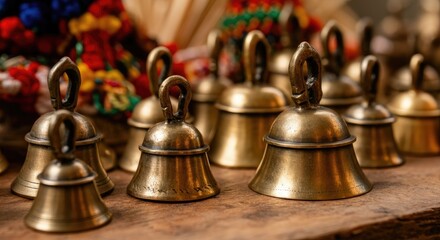 Rows of small brass bells on wooden shelf