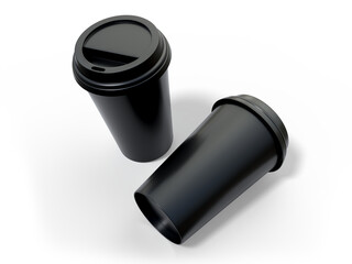3D coffee cup mockups disposable with plastic lid. Blank black plastic mugs for takeaway hot or cold beverage, milkshake, tea or coffee cups, isolated on background. Mockup packaging for branding