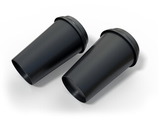 3D coffee cup mockups disposable with plastic lid. Blank black plastic mugs for takeaway hot or cold beverage, milkshake, tea or coffee cups, isolated on background. Mockup packaging for branding