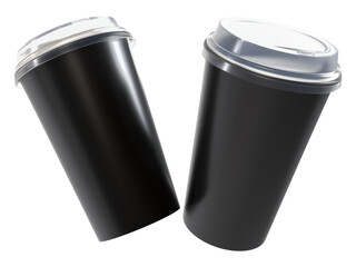 3D coffee cup mockups disposable with plastic lid. Blank black plastic mugs for takeaway hot or cold beverage, milkshake, tea or coffee cups, isolated on background. Mockup packaging for branding