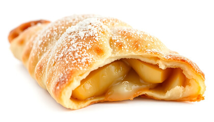 A mouthwatering close-up of an apple pastry, highlighting the flaky, golden-brown pastry crust.