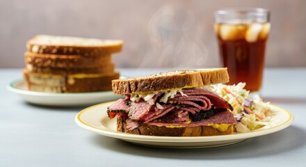 Fototapeta premium Steaming pastrami sandwich with mustard, coleslaw, and iced tea