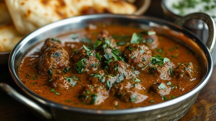 Spicy meatballs in rich curry sauce, garnished with cilantro, served in a metallic bowl with naan bread.