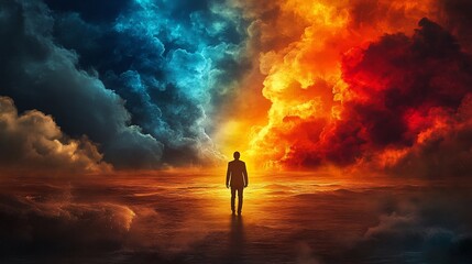 Fototapeta premium Silhouette of a person walking towards a fiery and icy sky.