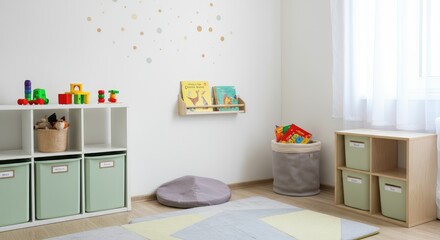 Modern, minimalist children's playroom with toys, books, and storage