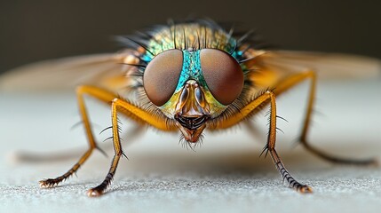 A close-up view of a colorful fly showcasing its intricate features and vibrant colors.
