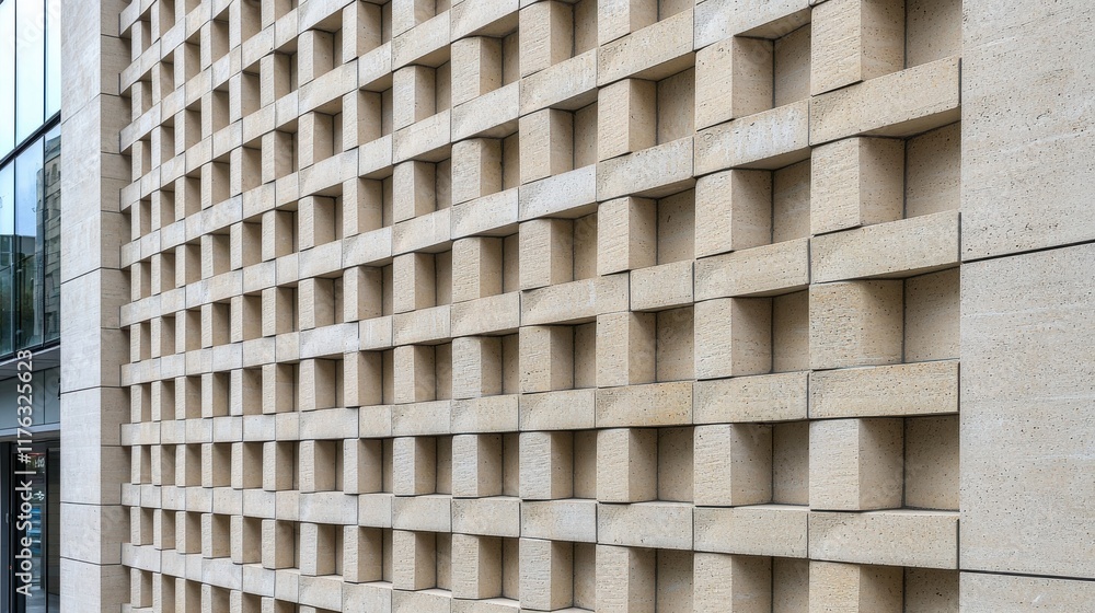 Poster rigid and uniform architectural facade with repeating geometric concrete blocks and cubes forming a 