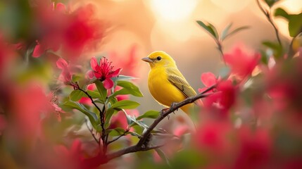 Bright yellow bird perched on a branch amidst vibrant pink blossoms. Perfect for spring themes, nature blogs, or showcasing beauty and tranquility.