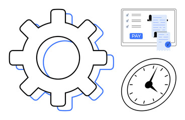 Gear for process automation, a clock for time management, and a payroll sheet with a pay button. Ideal for workflow optimization, payroll processing, efficiency, productivity, time tracking, cost
