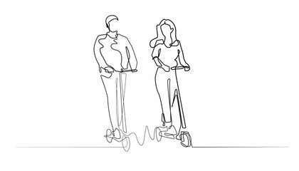 continuous line of electric scooter.one line drawing of man and woman riding an electric scooter .isolated white background