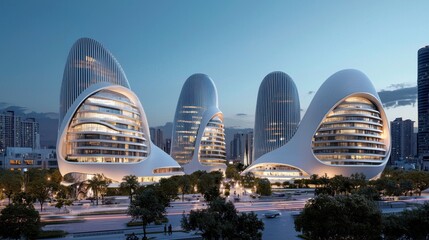 Fototapeta premium Futuristic Skyline of Curved Organic Glass Towers Reflecting the Tranquil Sky