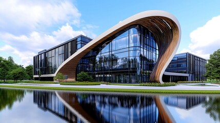 Futuristic Glass and Steel Modern Office Building Reflecting in the Lake