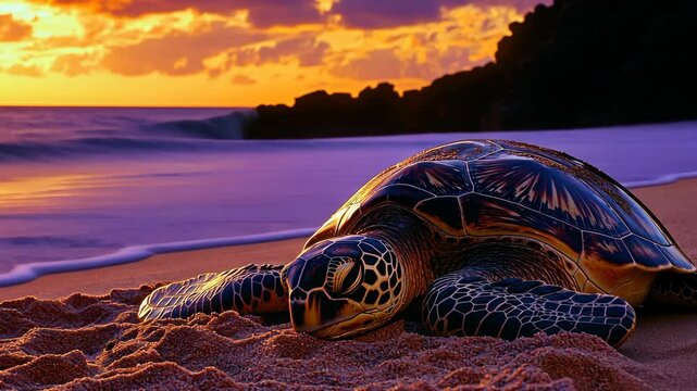 Sea turtle resting on sandy beach at sunset with vibrant colors reflecting on the water