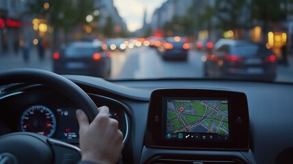 Close Up View of Hand Adjusting Navigation System in Car Interior