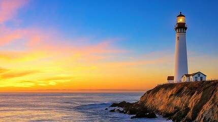 Naklejka premium Majestic Sunset Over a Scenic Coastal Lighthouse