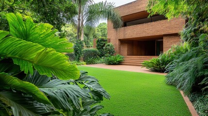 Obraz premium Lush Tropical Garden Pathway Leading to Residential Tropical Estate
