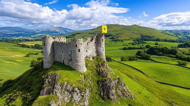 Majestic Ruins of a Medieval Castle Amidst the Rolling Green Hills