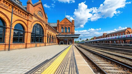 Obraz premium Ornate Historic Train Station with Train Tracks and Blue Sky