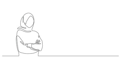continuous line drawing of Muslim woman folding hands.single line drawing of woman in Muslim dress folding hands.one line vector illustration.isolated white background