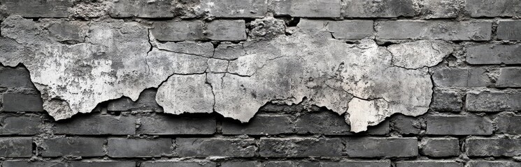 Cracked plaster on a dark brick wall.