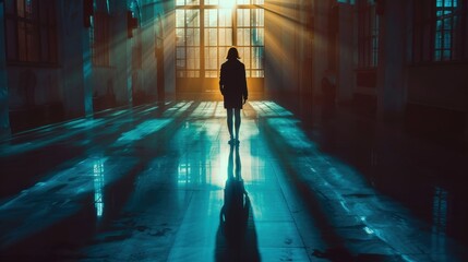 Obraz premium A solitary figure stands in an eerie, illuminated space, bathed in beams of light filtering through large windows, casting dramatic shadows on the floor