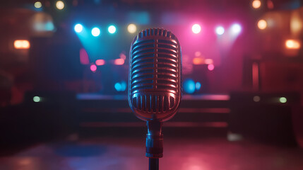 Vintage microphone under neon lights