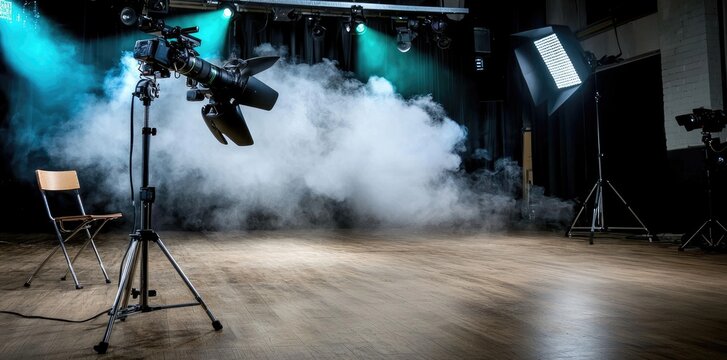 Film staging - cinematic interior showcasing a director chair, lights and cameras, capturing the essence of creativity, production ambiance, art of storytelling in a dramatic setting.