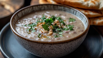 Creamy bean soup with parsley garnish in bowl.