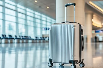 Modern suitcase on wheels in airport terminal travel essentials contemporary design bright environment low angle viewpoint functional luggage concept