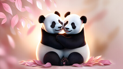 two panda in love with pink leaves background