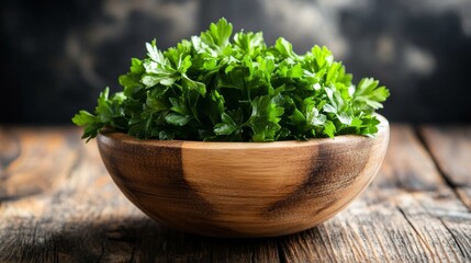 Fototapeta premium Fresh parsley in a rustic wooden bowl highlighted in vibrant green tones, perfect as a healthy cooking ingredient, captured in minimalist food photography for culinary and organic eating concepts