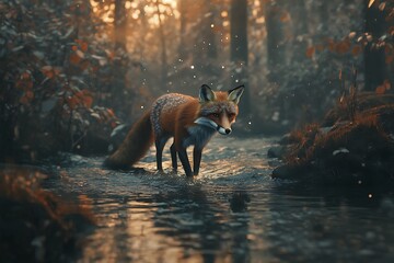 Fototapeta premium Majestic Fox in Winter Wonderland: A Serene Forest Stream