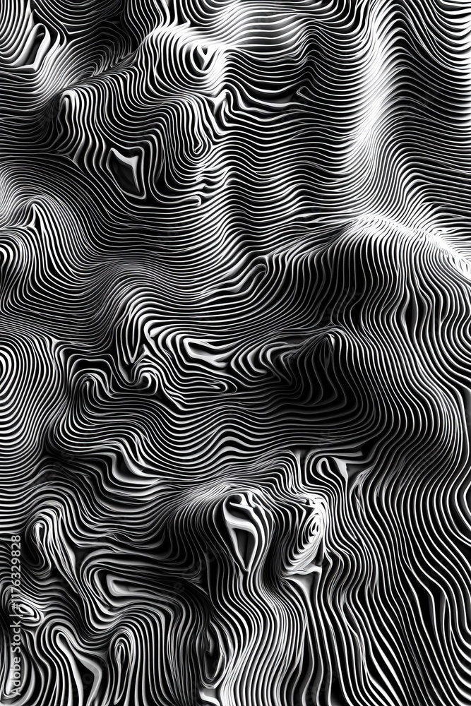 Poster abstract grayscale waves, flowing lines, textured surface.