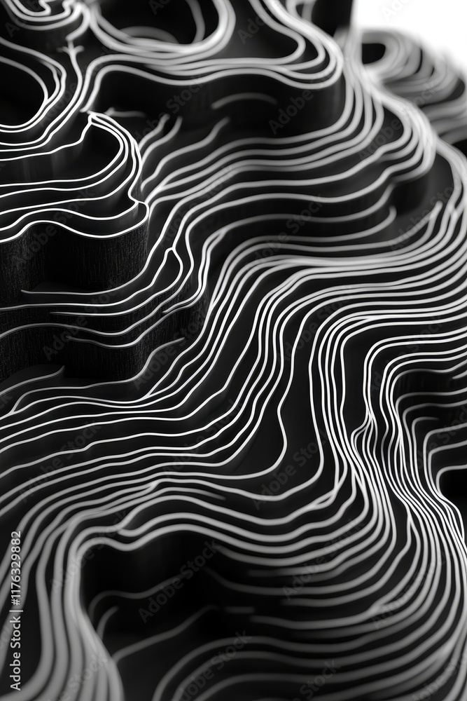 Poster abstract grayscale topographic lines forming a wavy, undulating landscape.