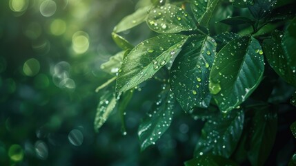 Close-Up of Green Leaves Covered in Fresh Dew Drops in a Lush Natural Setting with Soft Green Bokeh Background Ideal for Nature and Gardening Themes